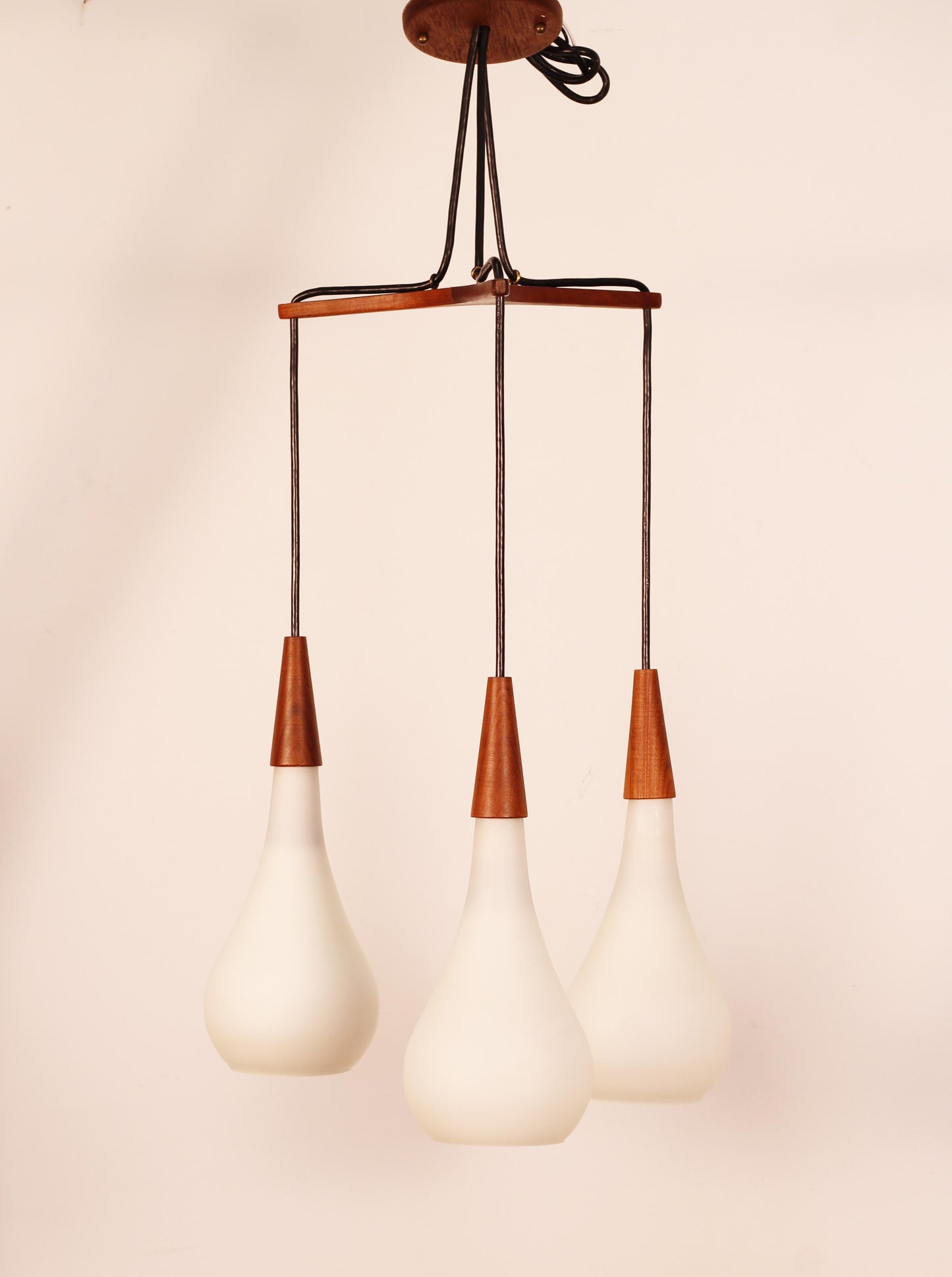 1960s Danish Teak Tear Drop 3-Light Pendant Fixture by Holmegaard