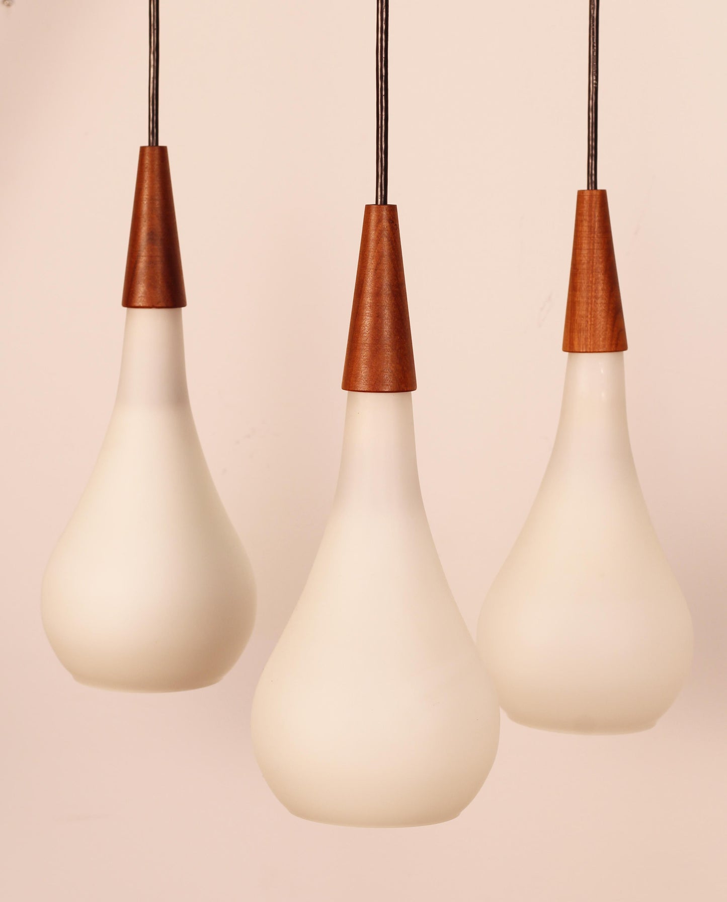 1960s Danish Teak Tear Drop 3-Light Pendant Fixture by Holmegaard