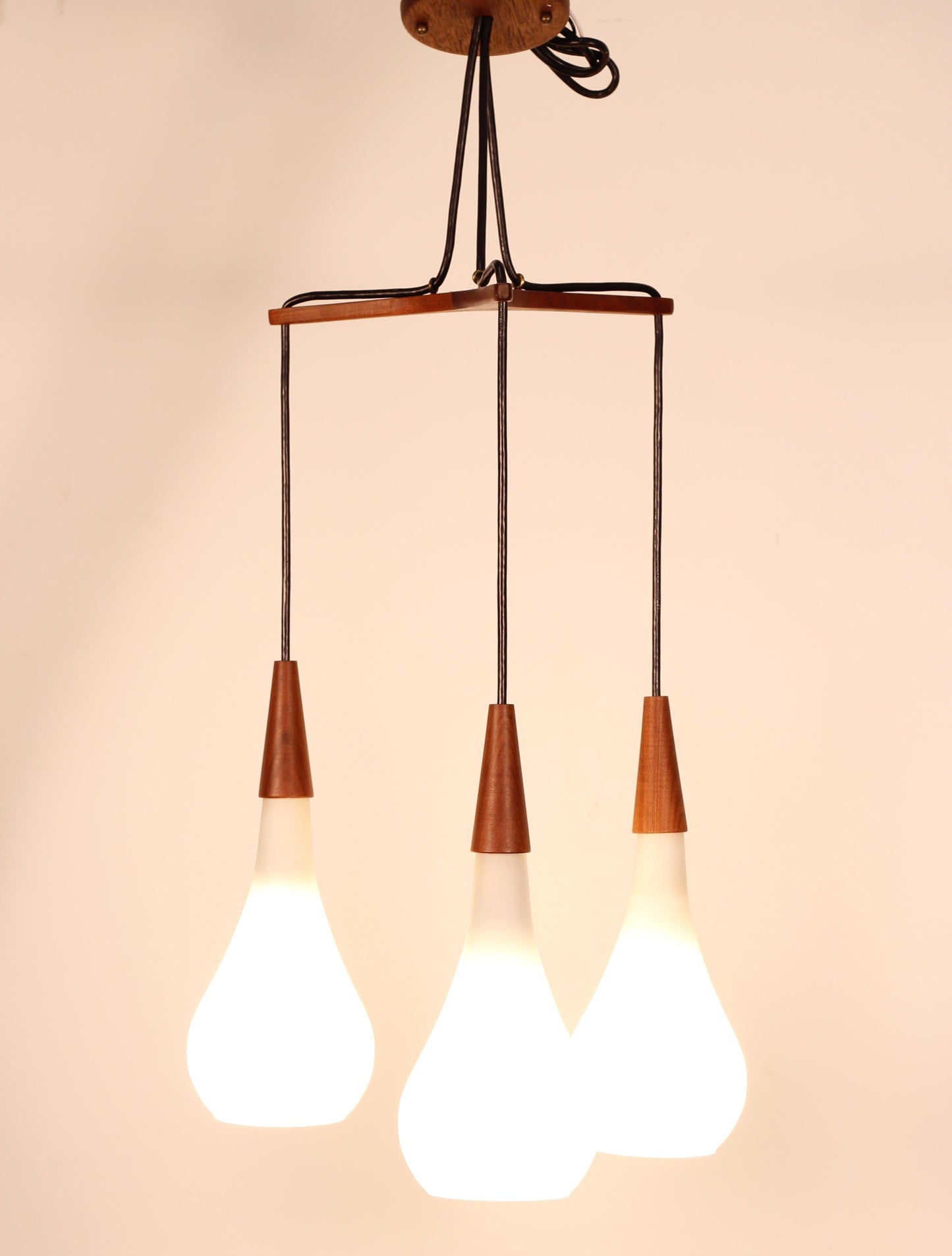 1960s Danish Teak Tear Drop 3-Light Pendant Fixture by Holmegaard