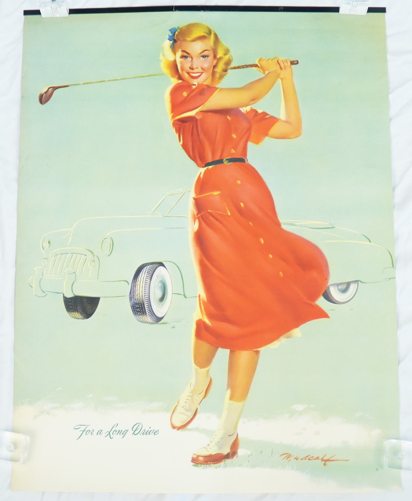 Bill Medcalf 16" x 21 1/4" "For a Long Drive" Pinup Calendar Print Kelly Springfield Tires Lady Golfer