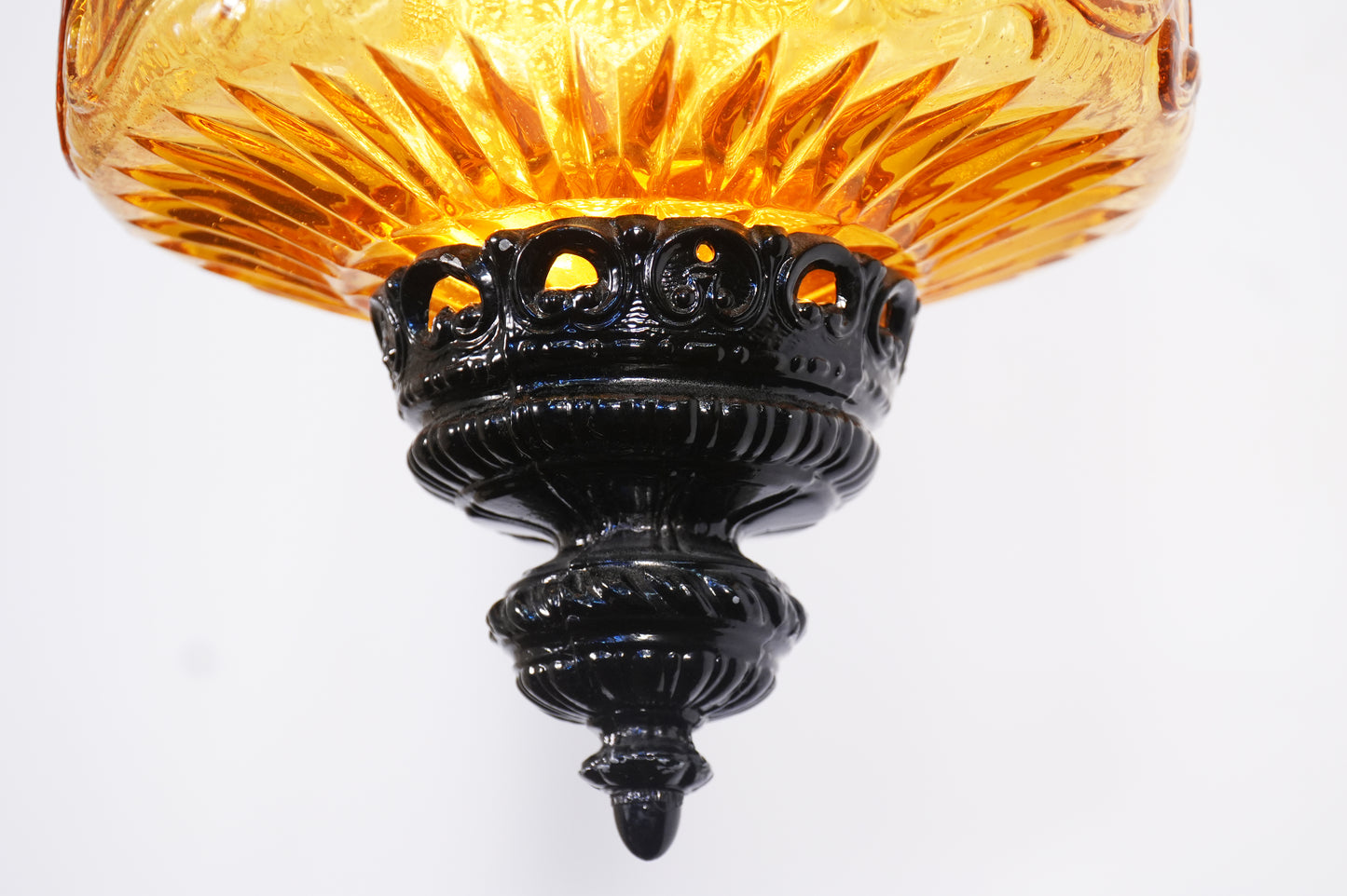 Vintage Mid-Century Amber & Black Hanging Swag Lamp Light w/ Diffuser