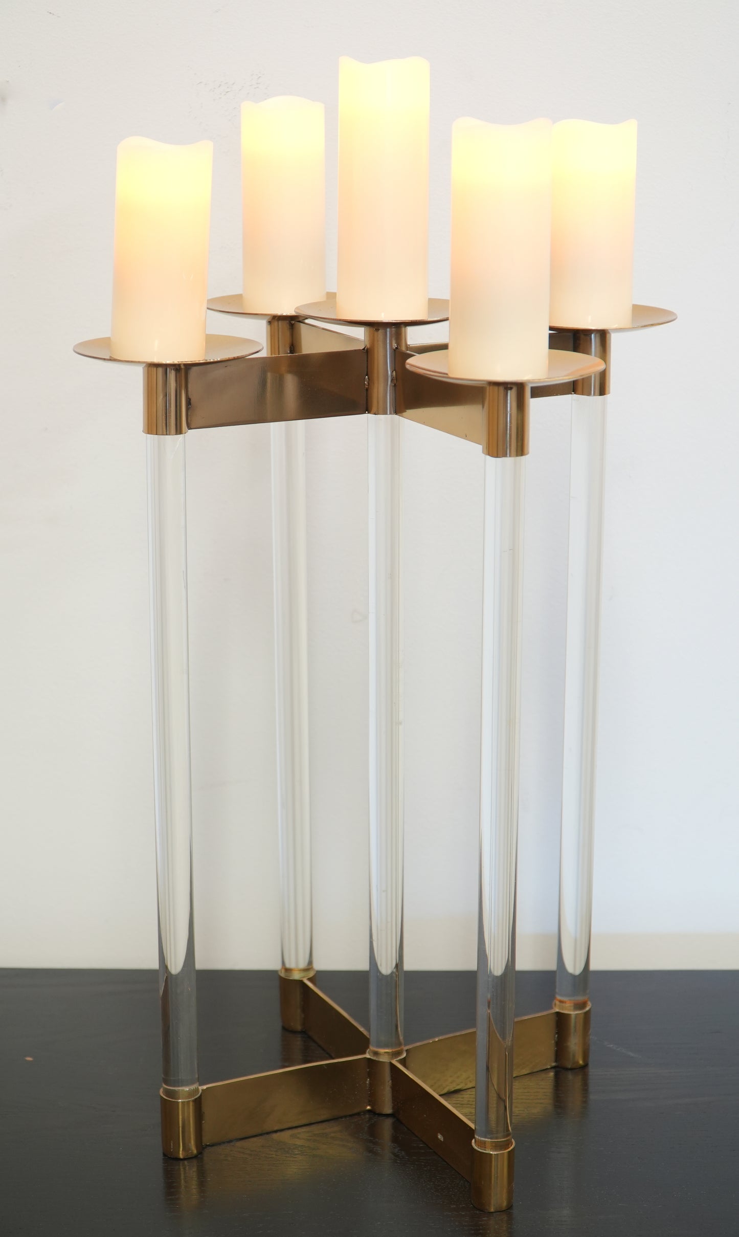 Modern Lucite and Gold Metal Decorative 5-Candle Pillar Candelabras