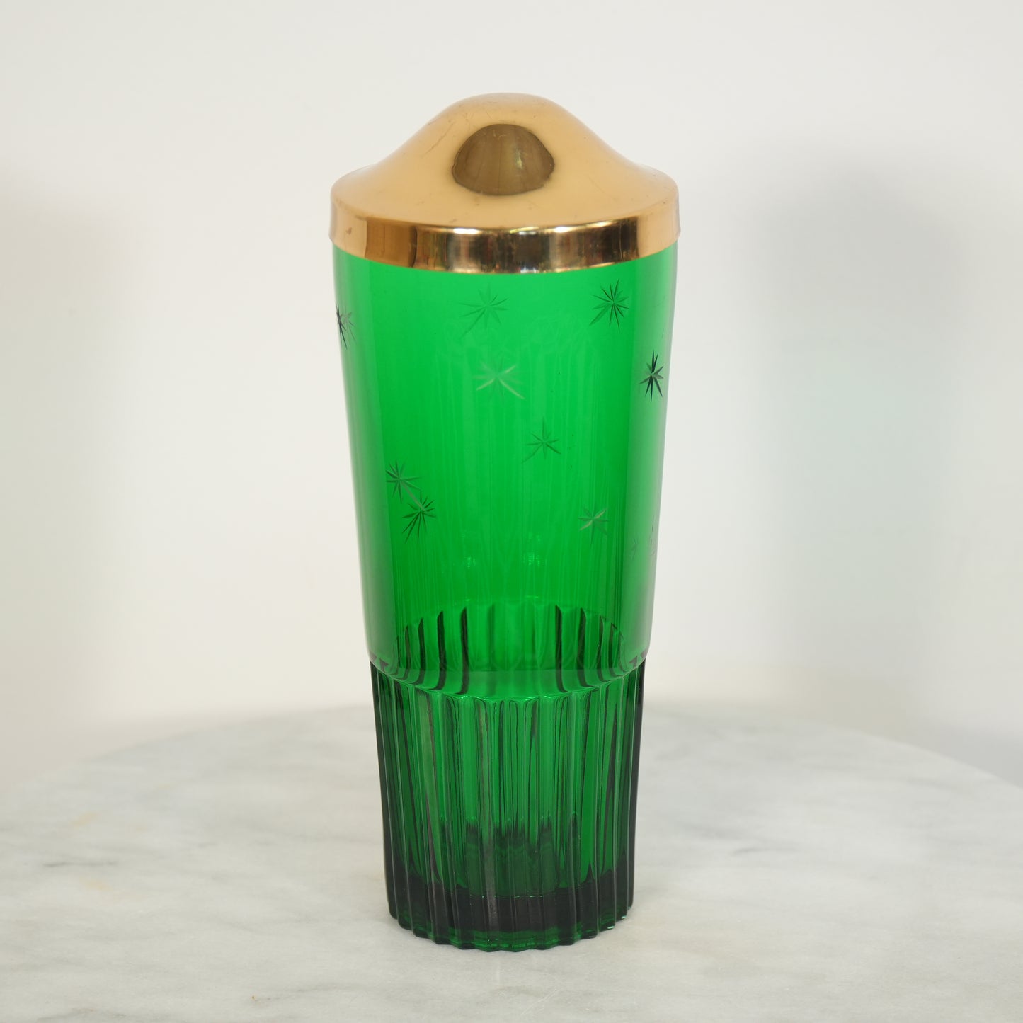 Emerald Glo Green Atomic Starburst Mid-Century Cocktail Martini Shaker Paden City Glass Brass Top