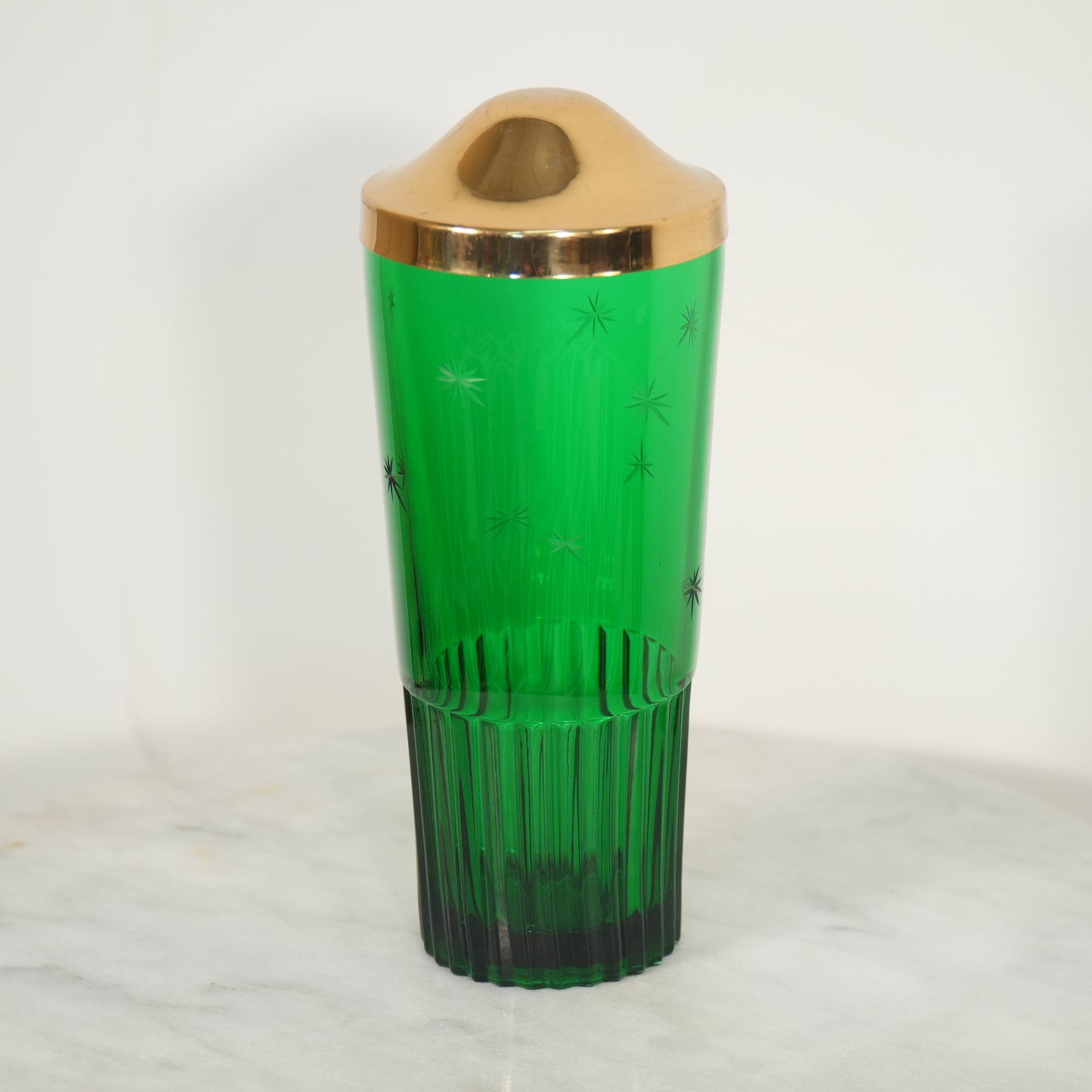Emerald Glo Green Atomic Starburst Mid-Century Cocktail Martini Shaker Paden City Glass Brass Top