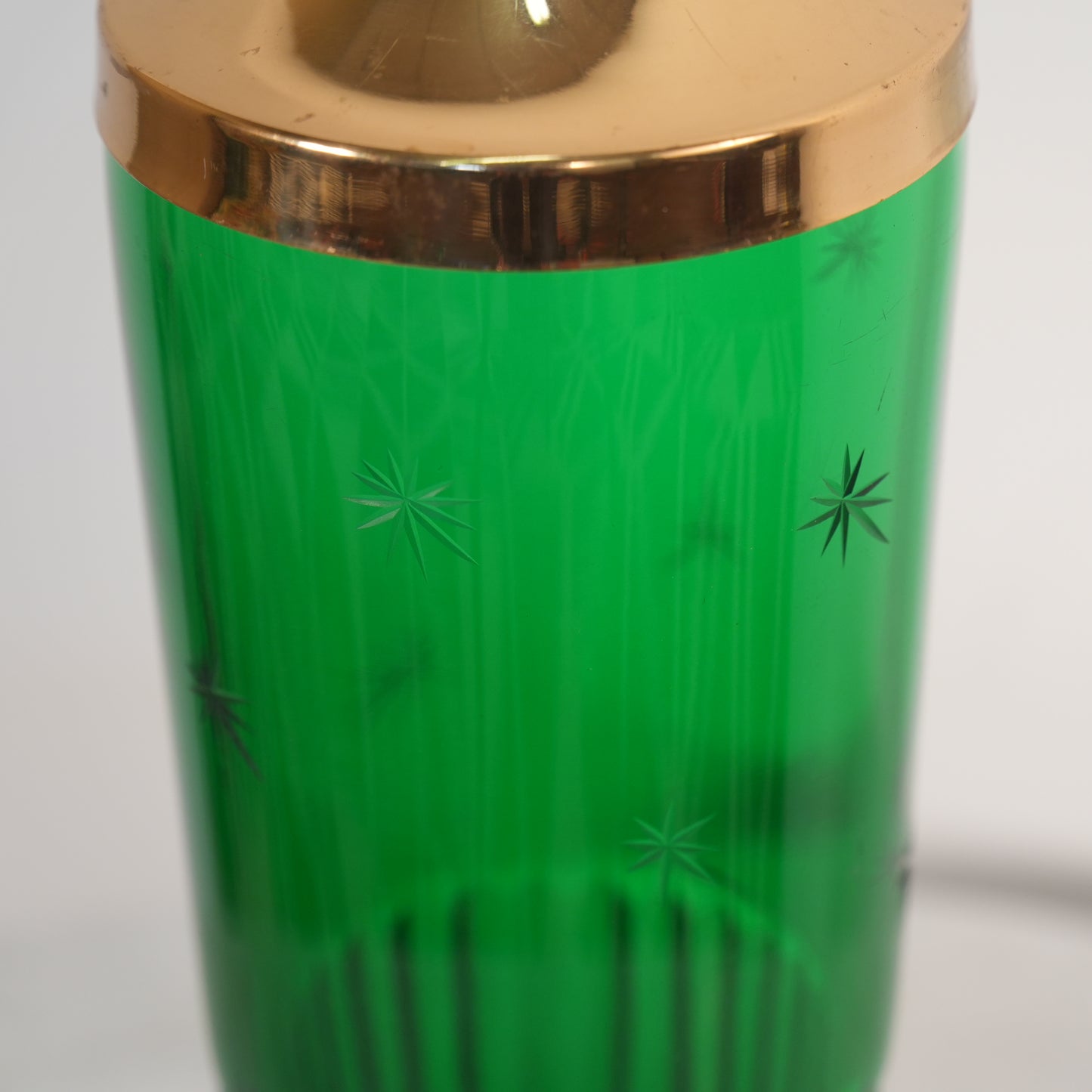 Emerald Glo Green Atomic Starburst Mid-Century Cocktail Martini Shaker Paden City Glass Brass Top