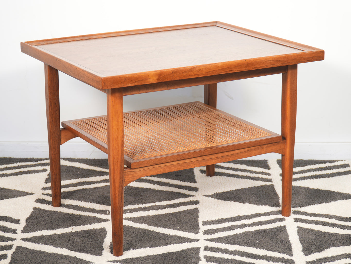 Pair Drexel Declaration Walnut Cane Side End Tables by Kipp Stewart