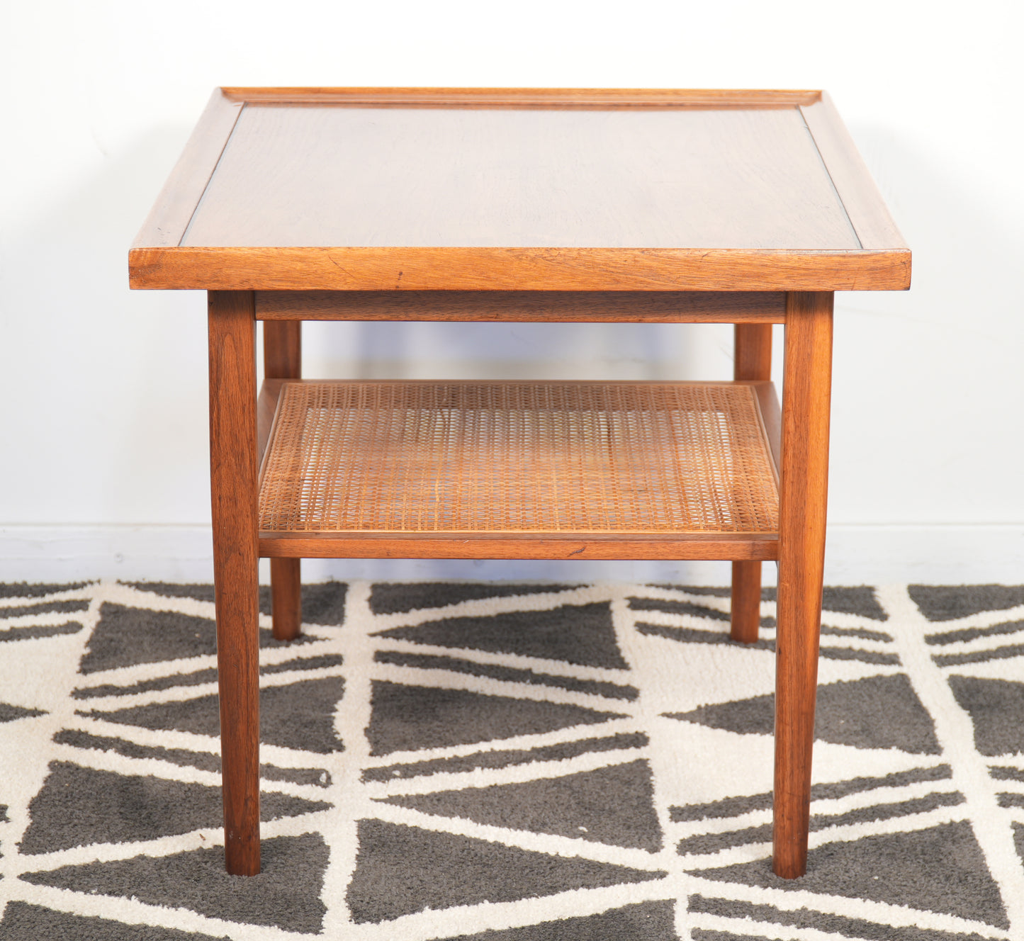Pair Drexel Declaration Walnut Cane Side End Tables by Kipp Stewart