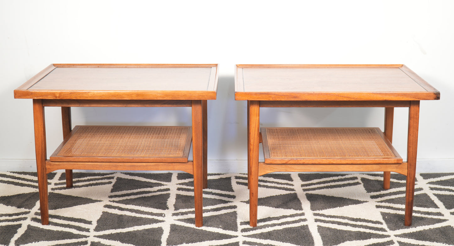 Pair Drexel Declaration Walnut Cane Side End Tables by Kipp Stewart