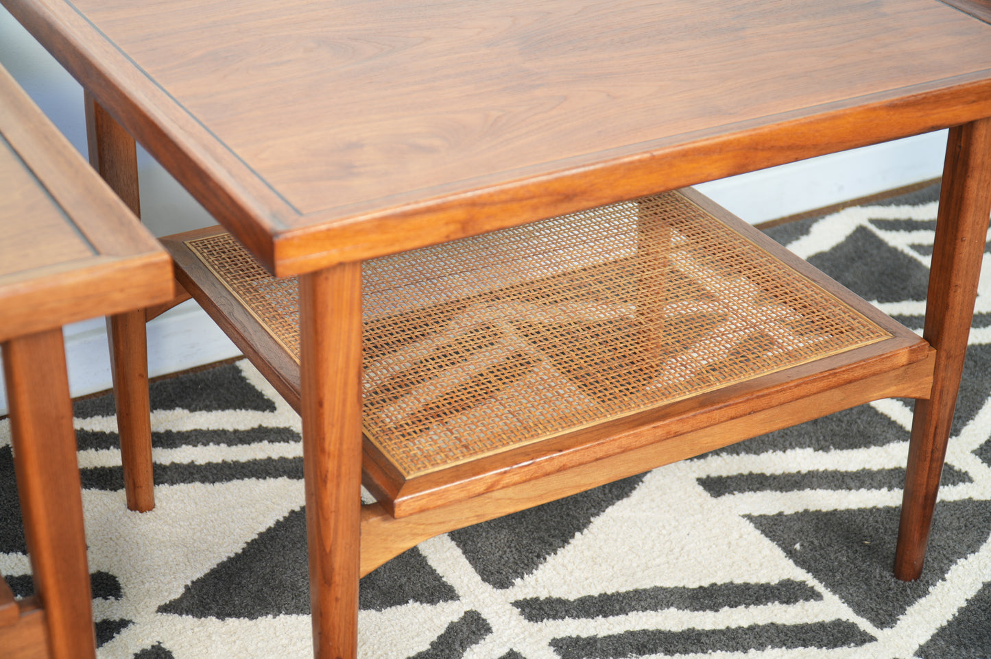 Pair Drexel Declaration Walnut Cane Side End Tables by Kipp Stewart