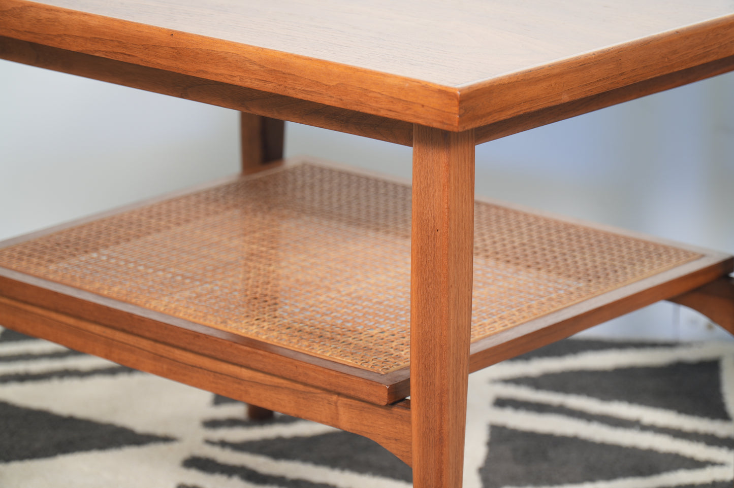 Pair Drexel Declaration Walnut Cane Side End Tables by Kipp Stewart