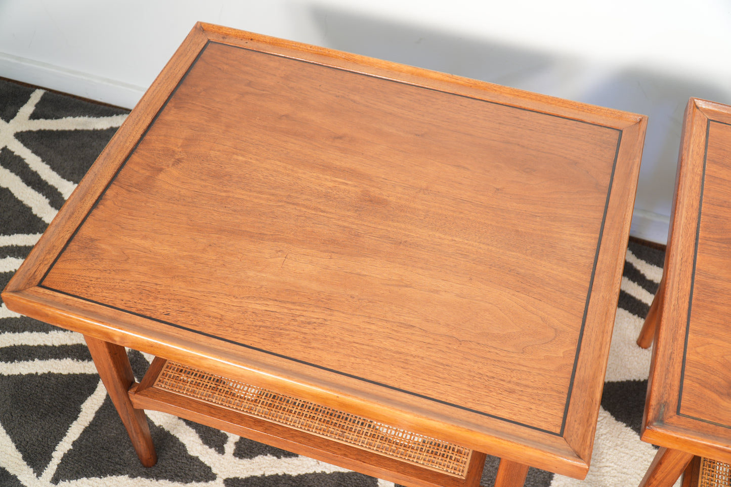 Pair Drexel Declaration Walnut Cane Side End Tables by Kipp Stewart