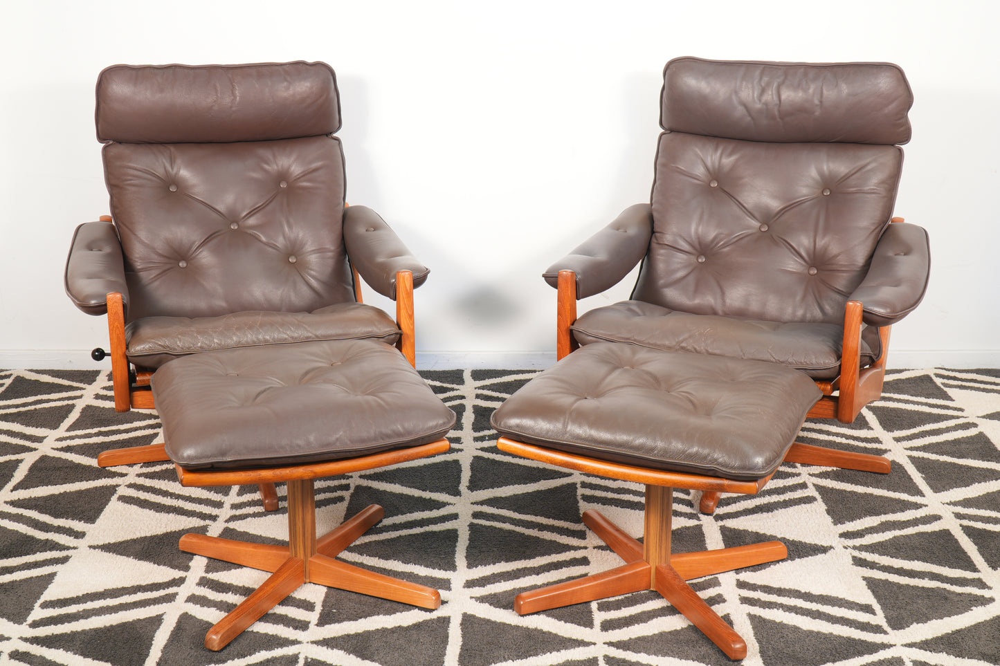 Pair Leather and Teak Reclining Armchairs with Ottoman by Lied Mobler Norway