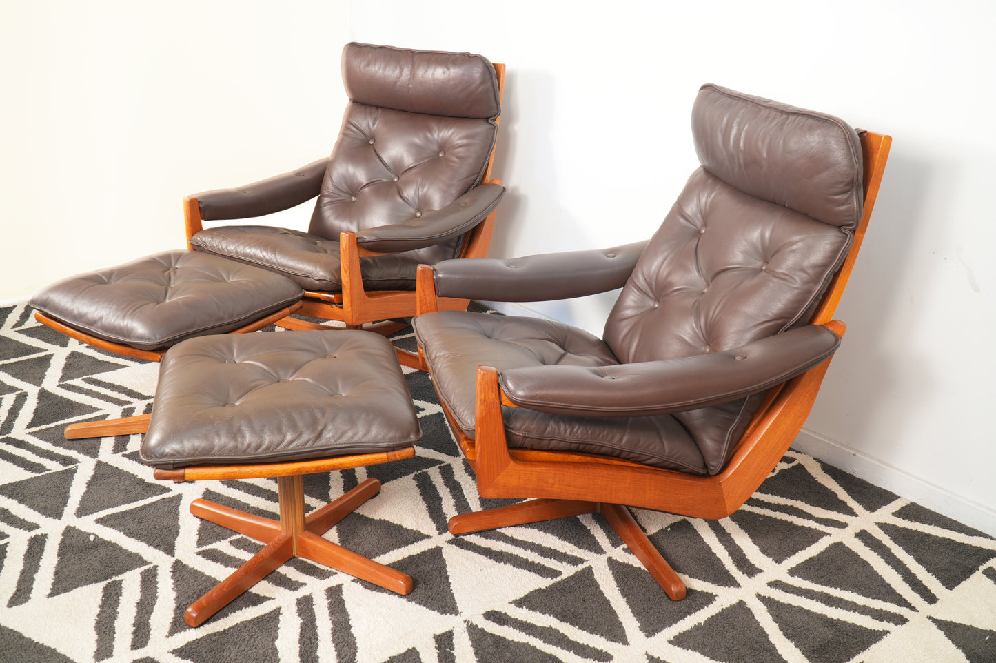 Pair Leather and Teak Reclining Armchairs with Ottoman by Lied Mobler Norway
