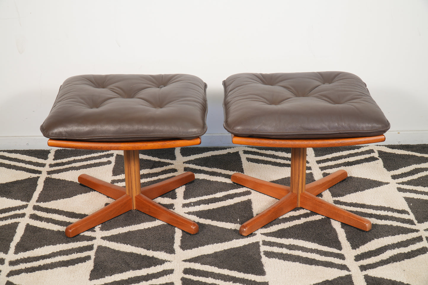 Pair Leather and Teak Reclining Armchairs with Ottoman by Lied Mobler Norway