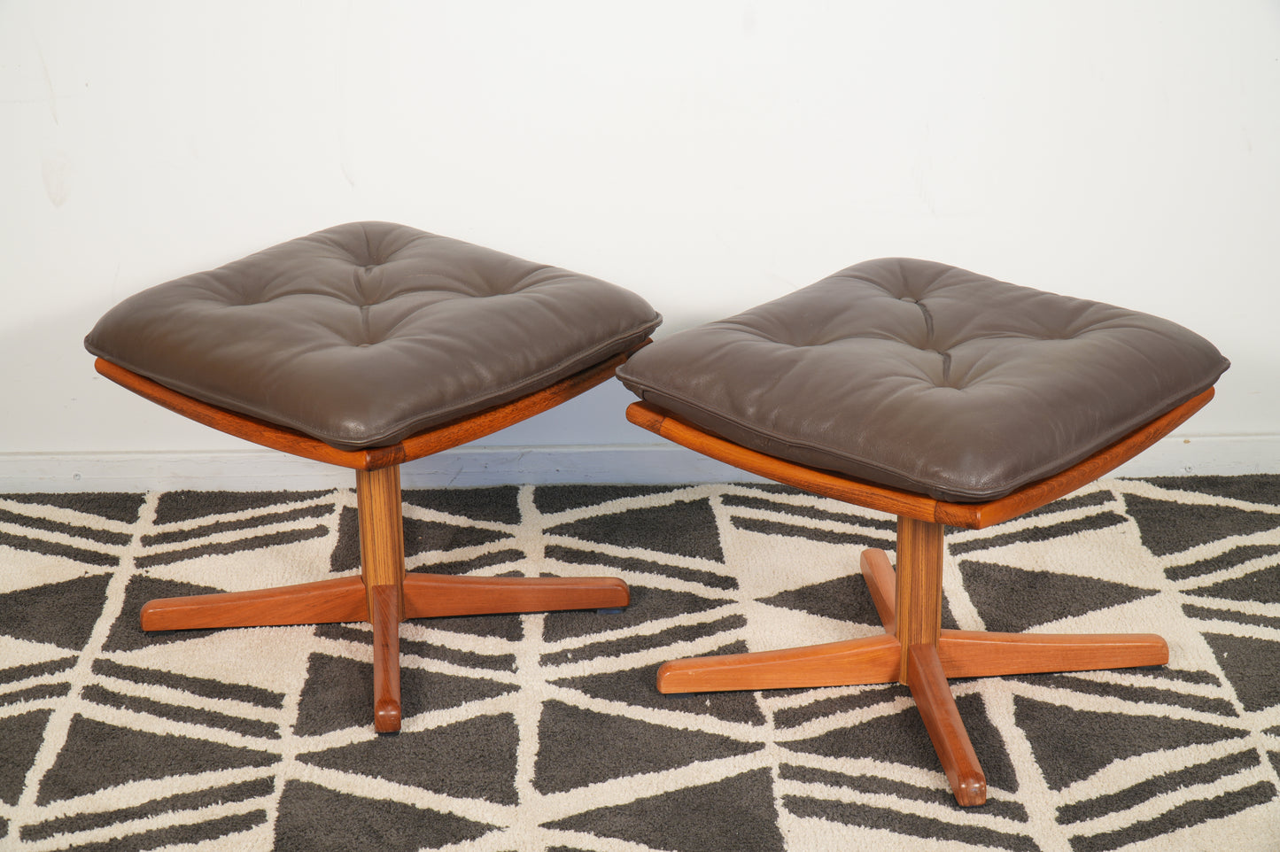 Pair Leather and Teak Reclining Armchairs with Ottoman by Lied Mobler Norway