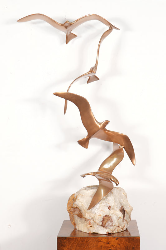 Curtis Jere 4 Birds in Flight Brass Sculpture Alabaster Base