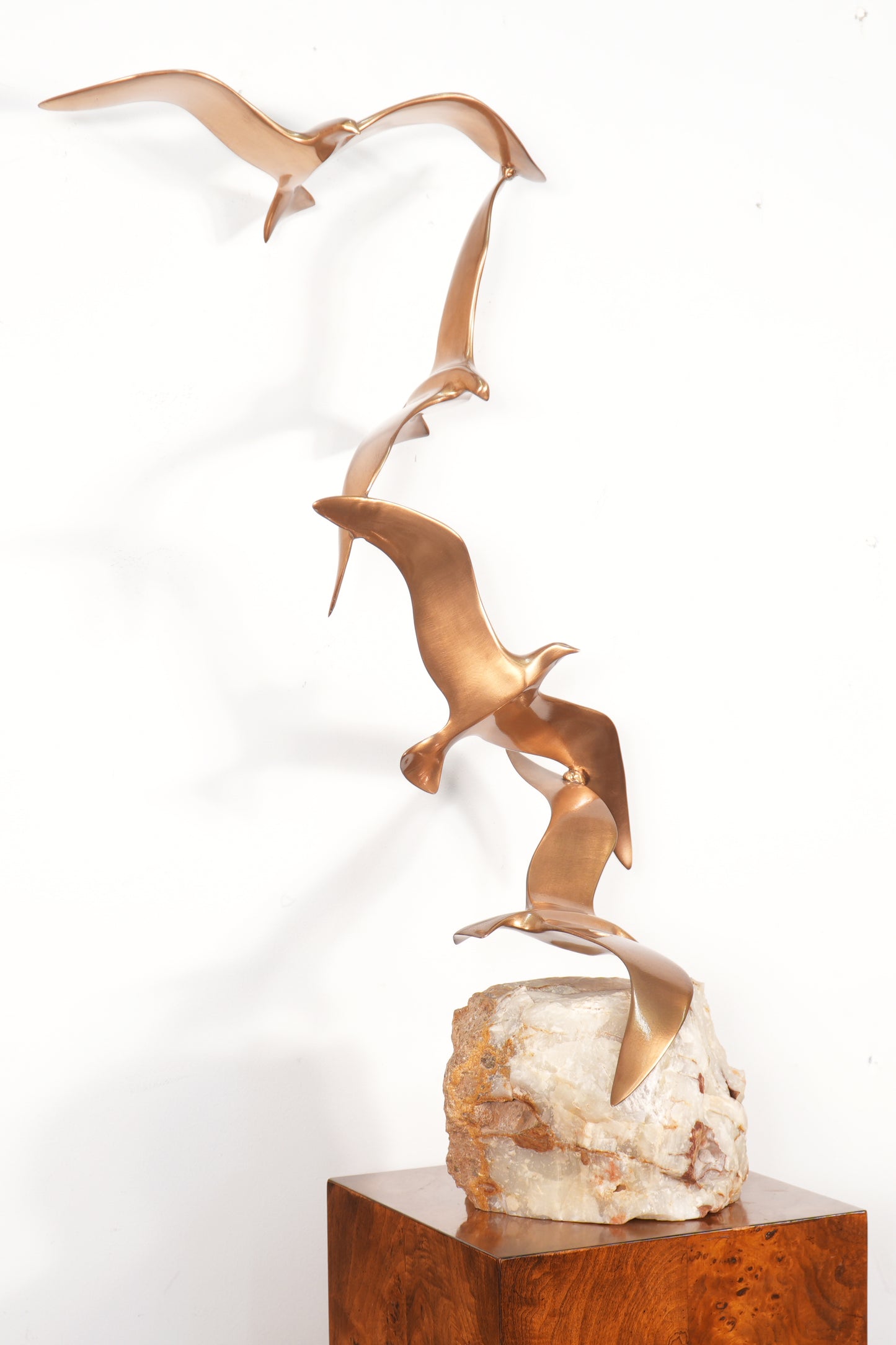 Curtis Jere 4 Birds in Flight Brass Sculpture Alabaster Base