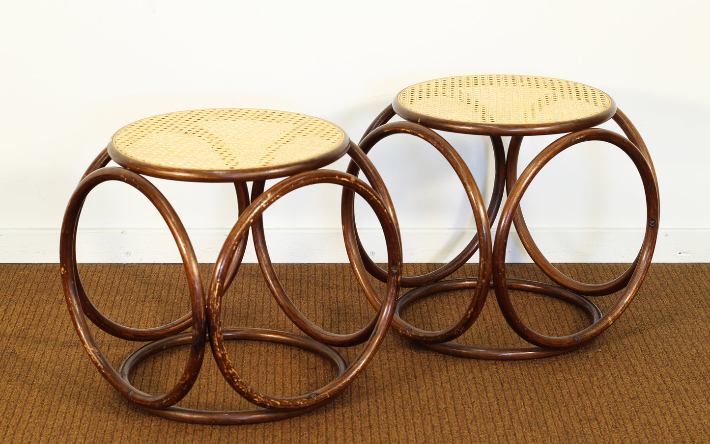 Pair Vintage Bentwood Wicker Footstools