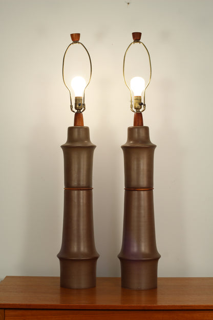 Martz Ceramic Lamps With Teak Accents - a Pair