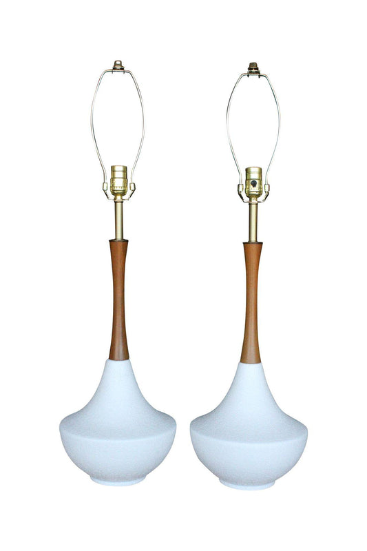 Tall Mid-Century White Ceramic & Teak Lamps - Pair