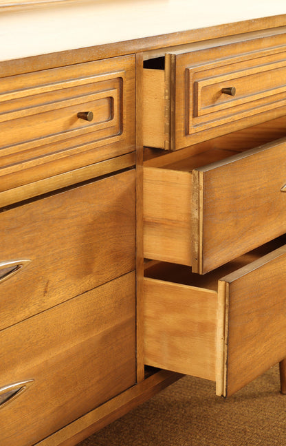 1960s Broyhill Sculptra "Double Dresser" Walnut Lowboy Dresser