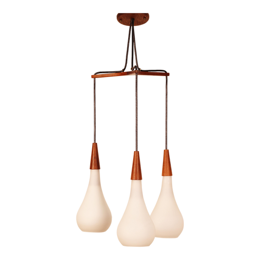 1960s Danish Teak Tear Drop 3-Light Pendant Fixture by Holmegaard