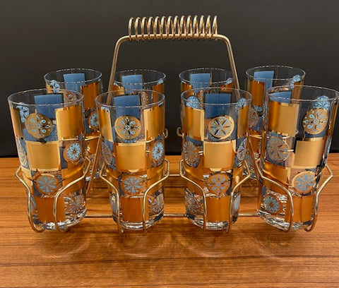 Set 8 in Original Caddy Culver Highball Tumbler Glasses 22K Gold Turquoise Medallions