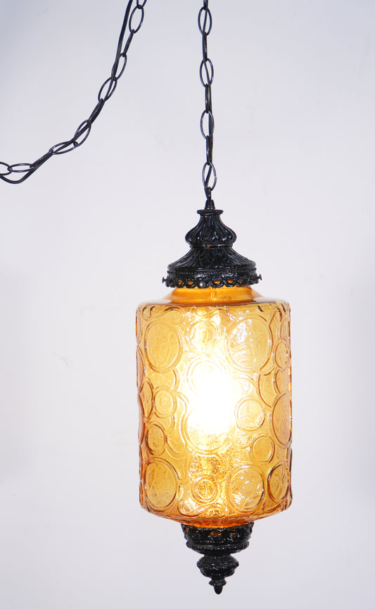 Vintage Mid-Century Amber & Black Hanging Swag Lamp Light w/ Diffuser