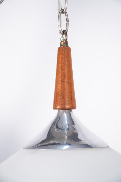 Vintage Mid-Century Danish Modern Frosted Glass Walnut Aluminum Hanging Swag Pendant Lamp Chandelier
