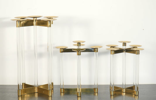 Modern Lucite and Gold Metal Decorative 5-Candle Pillar Candelabras
