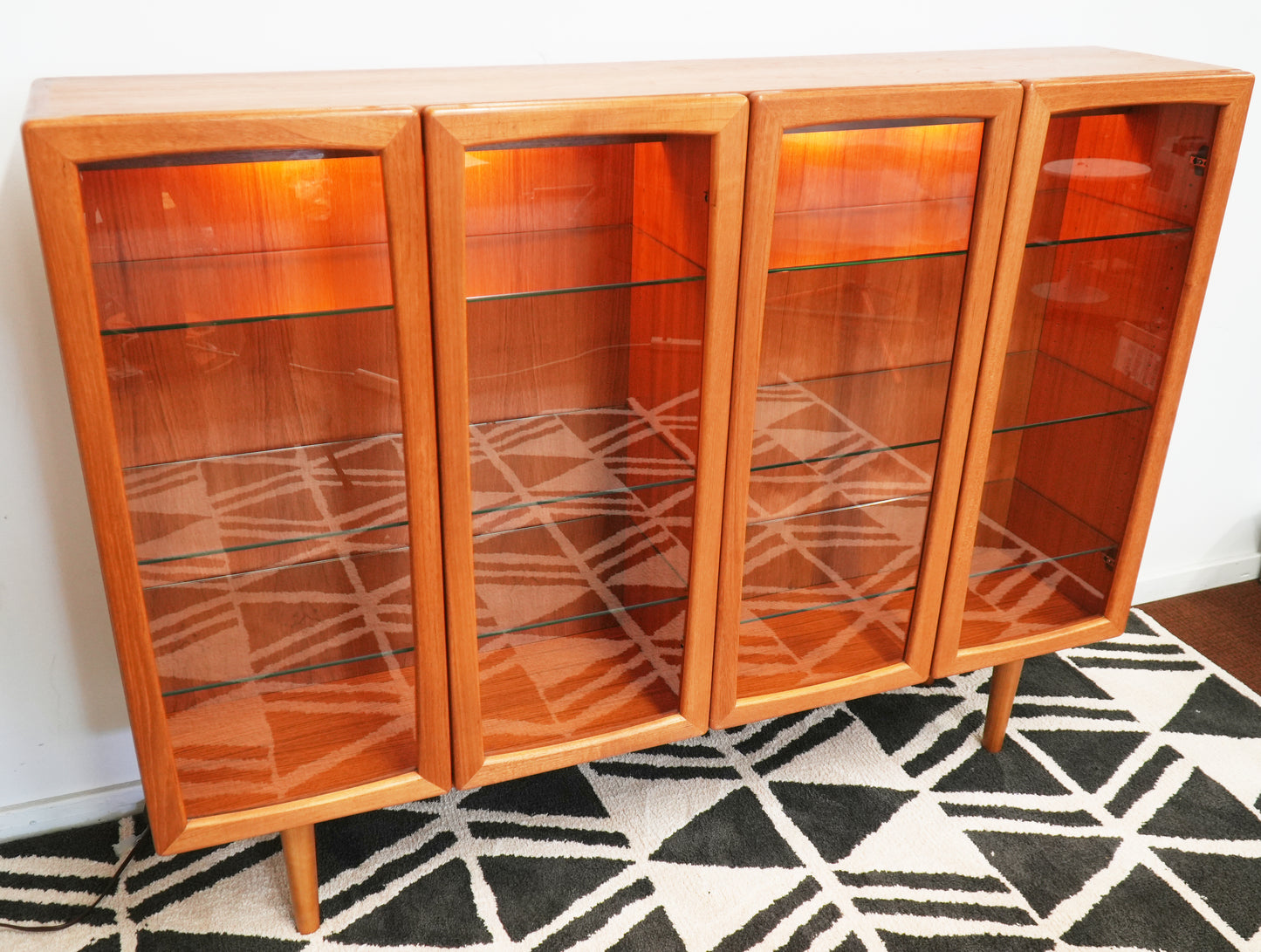 Danish Teak Mid-Century Lighted Display Cabinet Glass Doors and Shelves