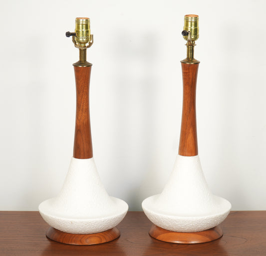 Pair Mid Century Danish Modern White Textured Ceramic Table Lamps