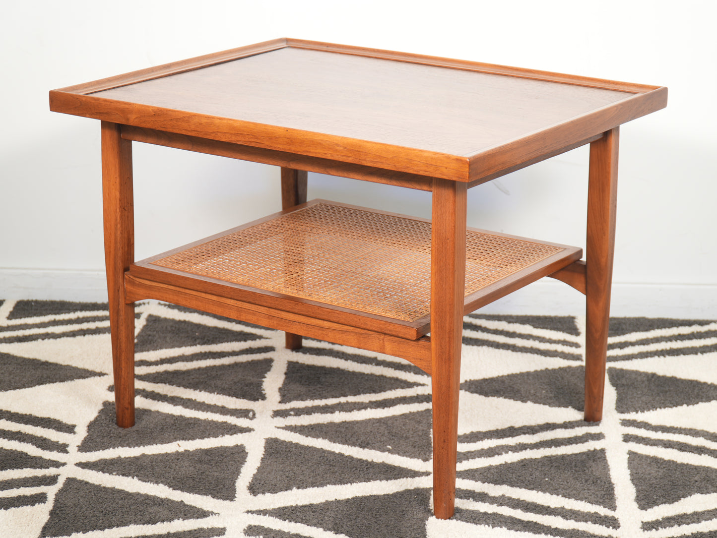 Pair Drexel Declaration Walnut Cane Side End Tables by Kipp Stewart