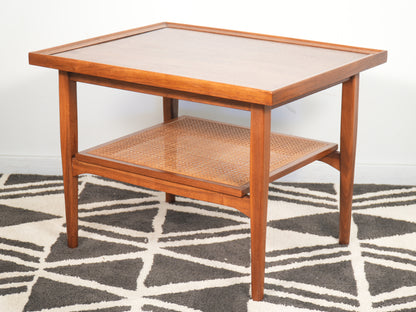 Pair Drexel Declaration Walnut Cane Side End Tables by Kipp Stewart