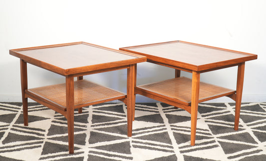Pair Drexel Declaration Walnut Cane Side End Tables by Kipp Stewart
