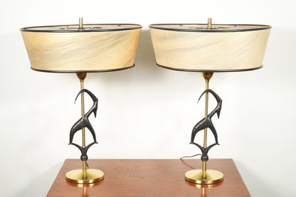 Pair Rembrandt Antelope Gazelle Table Lamps w/ Original Shades