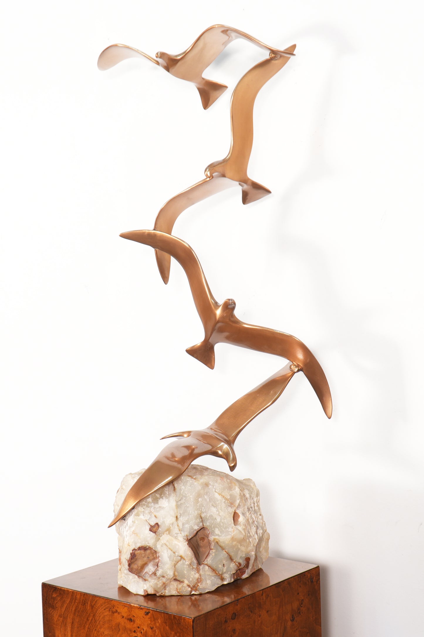 Curtis Jere 4 Birds in Flight Brass Sculpture Alabaster Base