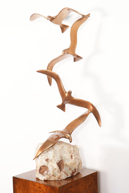 Curtis Jere 4 Birds in Flight Brass Sculpture Alabaster Base