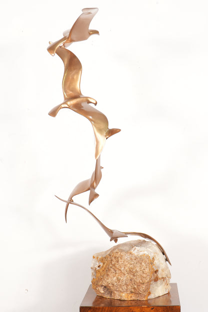 Curtis Jere 4 Birds in Flight Brass Sculpture Alabaster Base
