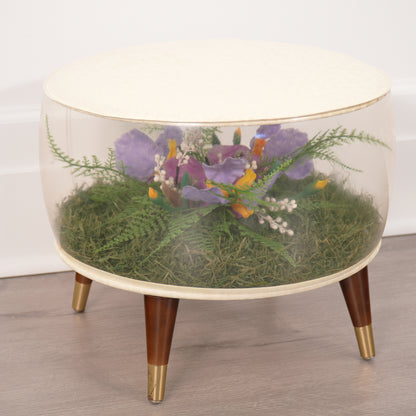 Vintage Inflatable Foot Stool Terrarium Round MCM Ottoman Purple Iris Ferns 1960s