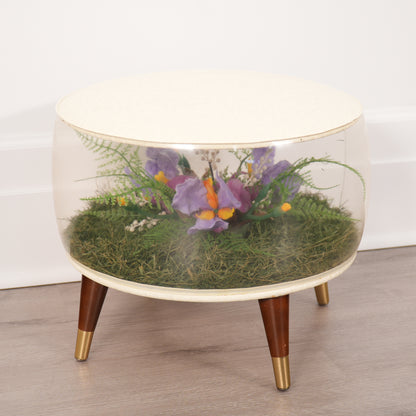 Vintage Inflatable Foot Stool Terrarium Round MCM Ottoman Purple Iris Ferns 1960s