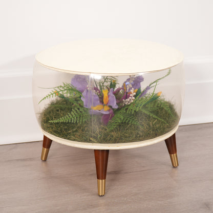 Vintage Inflatable Foot Stool Terrarium Round MCM Ottoman Purple Iris Ferns 1960s
