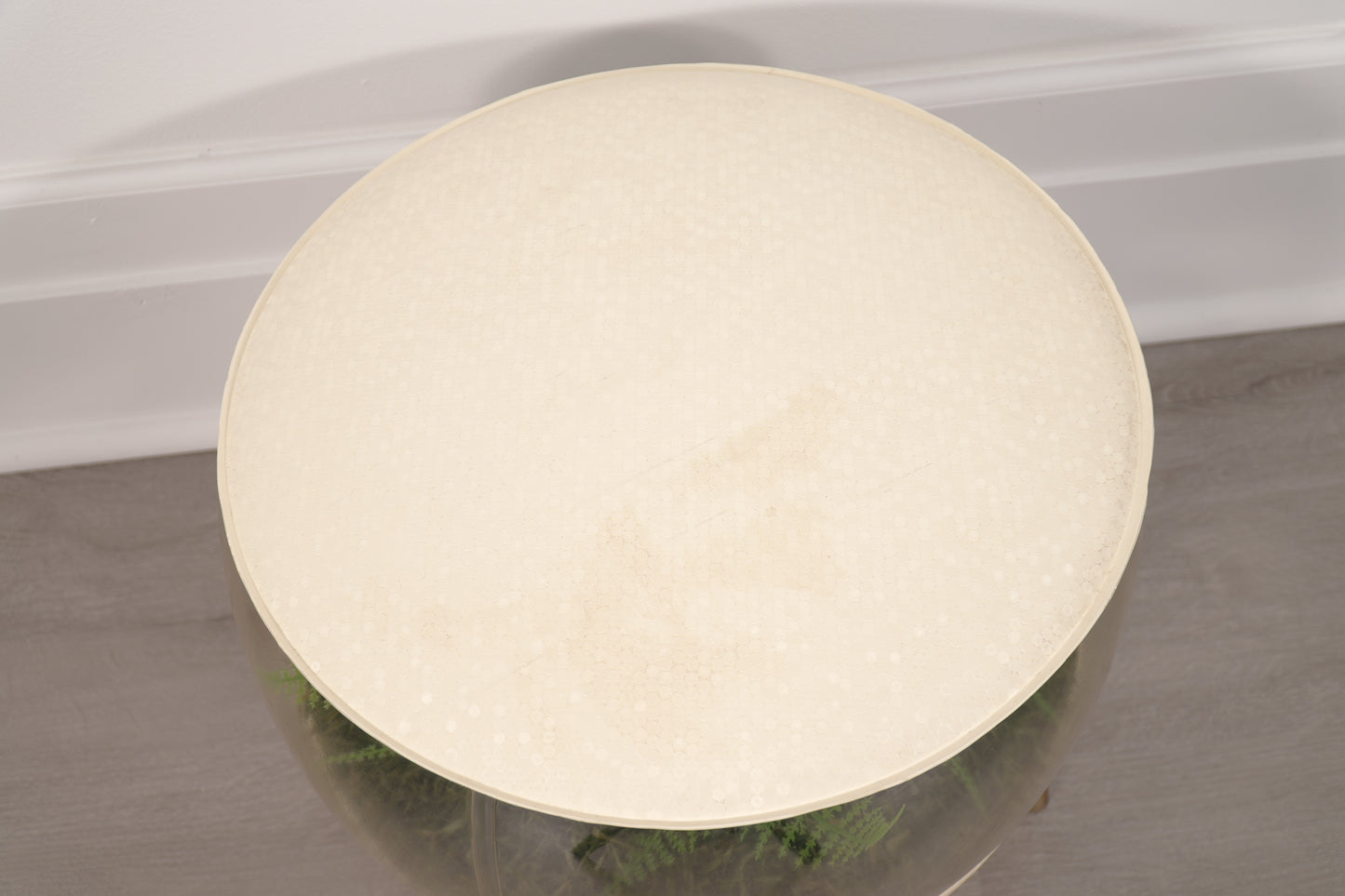 Vintage Inflatable Foot Stool Terrarium Round MCM Ottoman Purple Iris Ferns 1960s