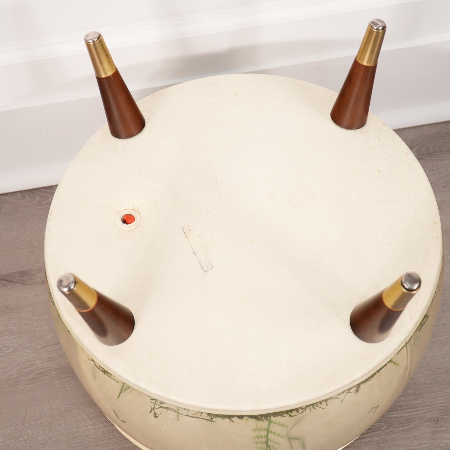 Vintage Inflatable Foot Stool Terrarium Round MCM Ottoman Purple Iris Ferns 1960s