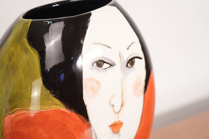 Terri Cody Double Sided Hand Painted Woman's Faces Ceramic Vase