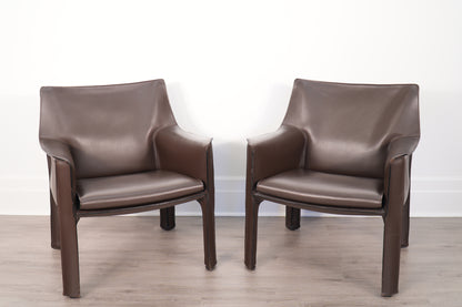Pair Brown Leather Mario Bellini for Cassina Cab 414 Lounge Chairs Italy