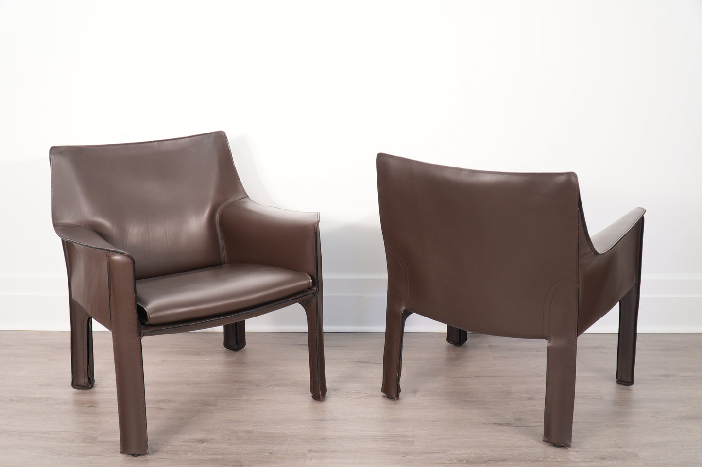 Pair Brown Leather Mario Bellini for Cassina Cab 414 Lounge Chairs Italy