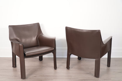 Pair Brown Leather Mario Bellini for Cassina Cab 414 Lounge Chairs Italy