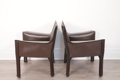 Pair Brown Leather Mario Bellini for Cassina Cab 414 Lounge Chairs Italy