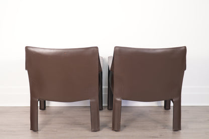 Pair Brown Leather Mario Bellini for Cassina Cab 414 Lounge Chairs Italy